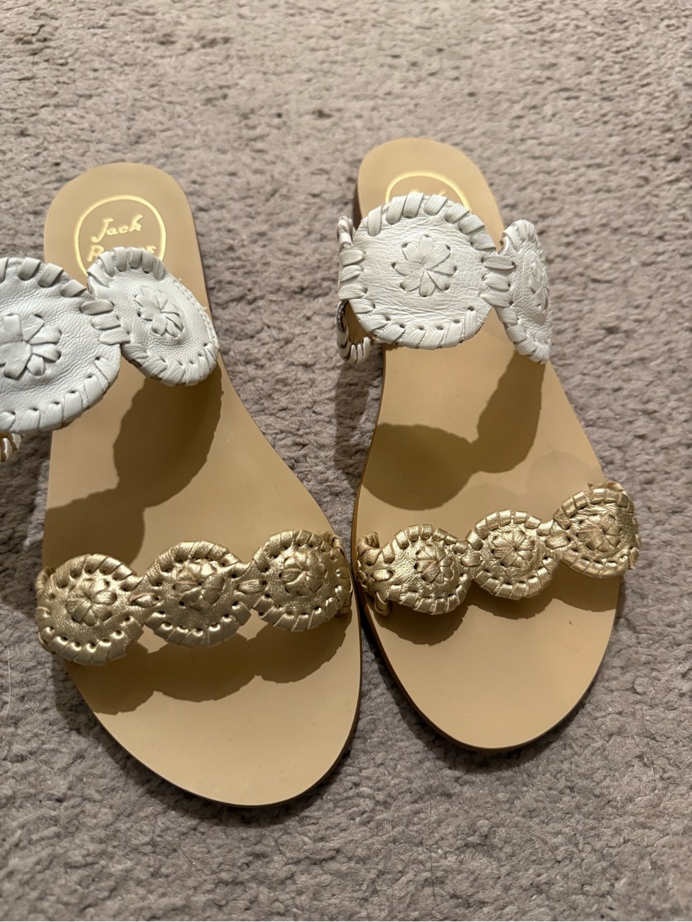 Jack Rogers White and Gold Leather Medallion Slide Sandals